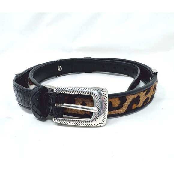 Brighton Sz M/L Black Leather Leopard Print Pony Calf Hair Patchwork Belt Mix - Picture 12 of 13